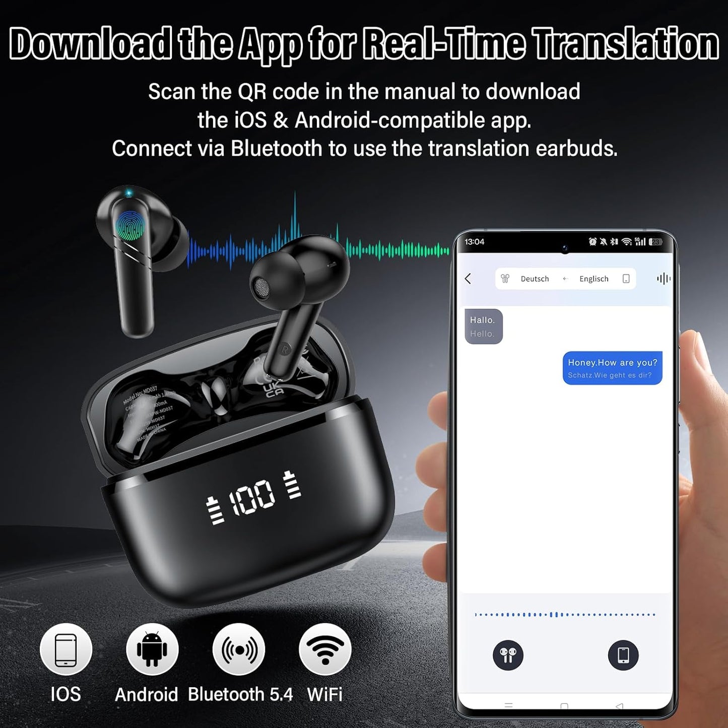 AI Translation Earbuds Real Time, 3-in-1 Language Translator Earbuds for 144 Languages & Accents Online Translation, 48H translate Earbuds with Bluetooth & APP for Travel/Business/Learning, Black