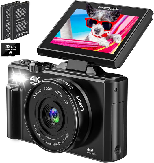 4K Digital Camera - 64MP Point and Shoot Digital Cameras for YouTube - 3.0'' Flip Screen 18X Zoom AutoFocus Vlogging Camera for Photography - Compact Video Camera with 2 Batteries, 32G SD Card