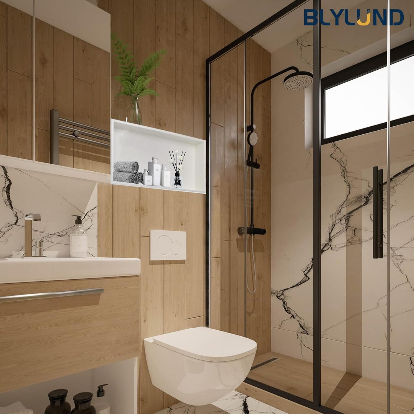 BLYLUND Shower Niche 12" x 24" NO Tile Needed,Matte Black Double Shelf Organizer, Square Corners Wall-Inserted Niche Recessed Shower Shelf Modern Soap Niche for Bathroom