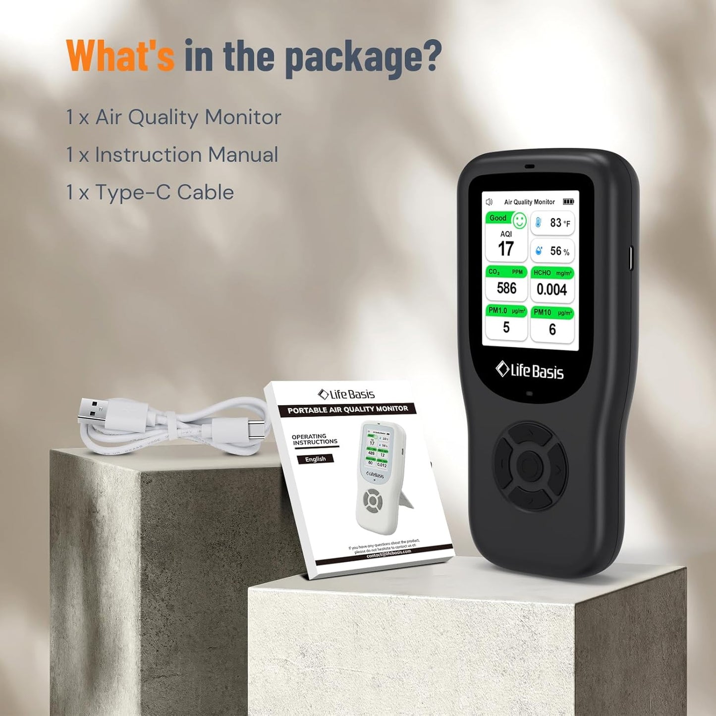 LifeBasis Air Quality Monitor Indoor, 10-in-1 Air Quality Detector with Stand, Real-Time Air Meter Test AQI, PM1.0, PM2.5, PM10, CO2, TVOC, HCHO, Particles, Temperature and Humidity with Alert -Black