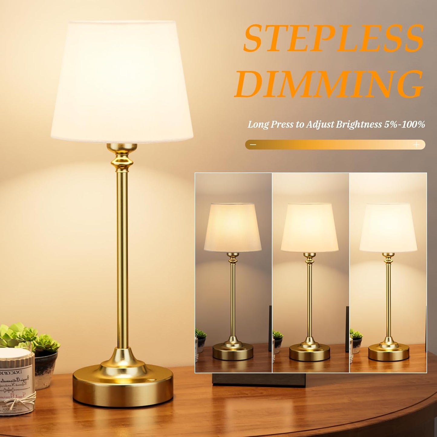Rechargeable Cordless Table Lamp: 3000k Stepless Dimming, 1 Pack Brass 4000mAh Battery Operated Wireless Touch Lamp for Dining Table, Counter, Living Room, Bedroom