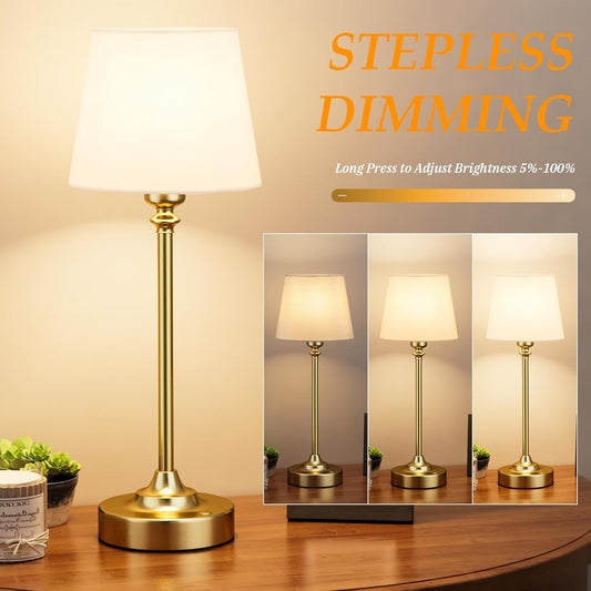 Rechargeable Cordless Table Lamp: 3000k Stepless Dimming, 1 Pack Brass 4000mAh Battery Operated Wireless Touch Lamp for Dining Table, Counter, Living Room, Bedroom