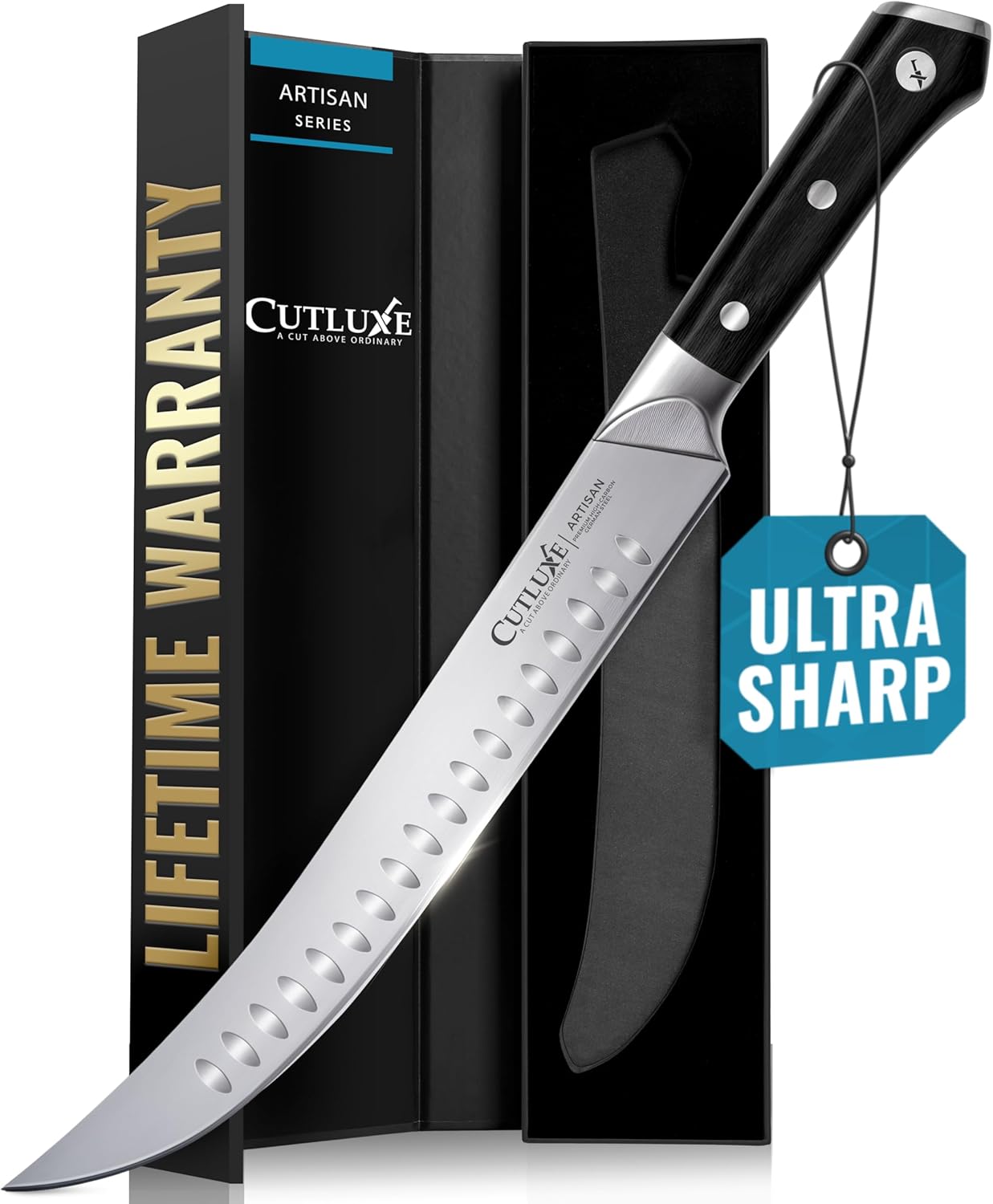 Cutluxe Butcher Knife – 10″ Cimeter Breaking Knife, Razor Sharp Forged High Carbon German Steel, Full Tang Carving Knife, Ergonomic Handle Design – Artisan Series - PuriLite