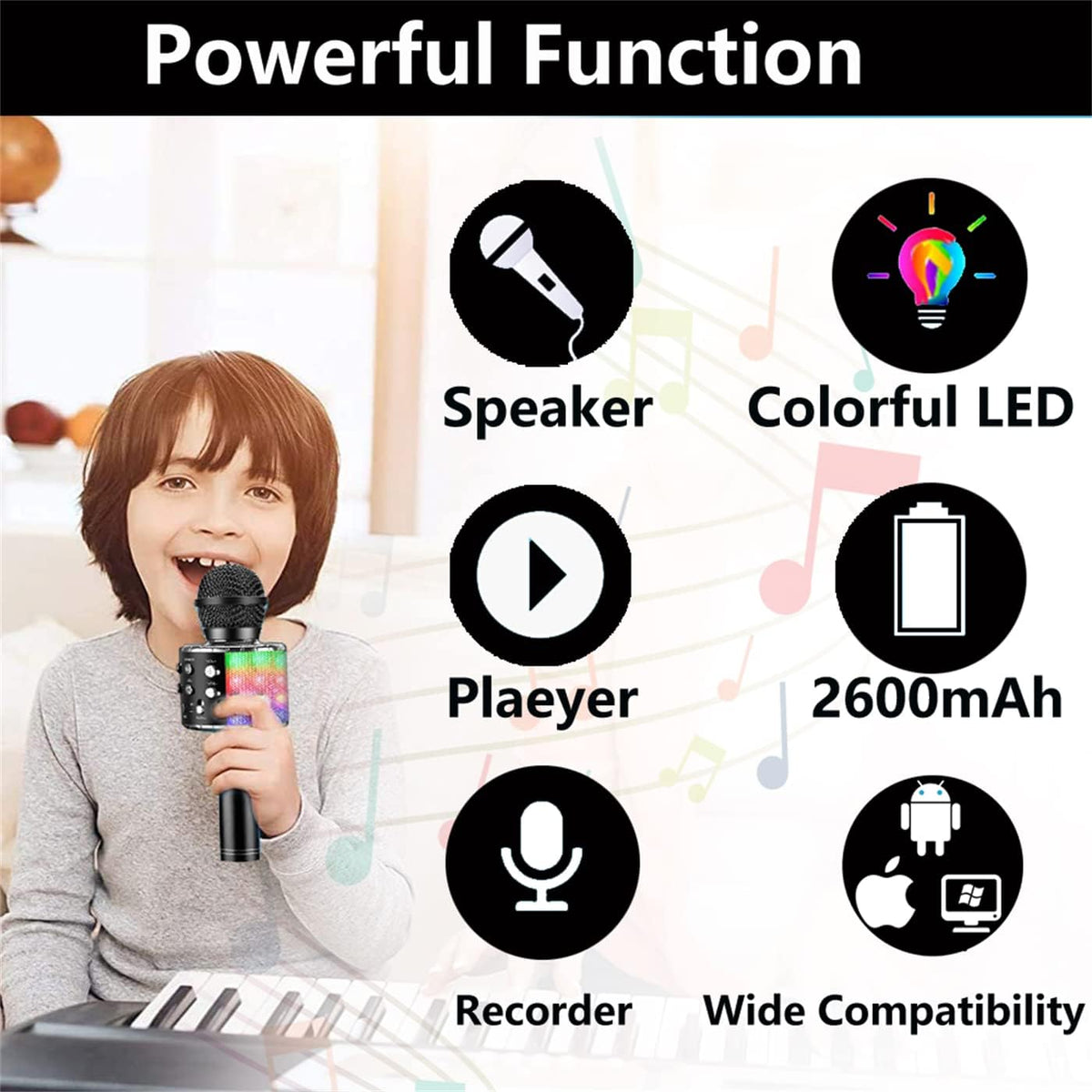 Wireless Bluetooth Karaoke Microphone with LED Lights – 4-in-1 Portable Handheld Singing Mic & Speaker, Voice Change, Rechargeable Battery, for Kids, Teens & Adults (Black) - PuriLite