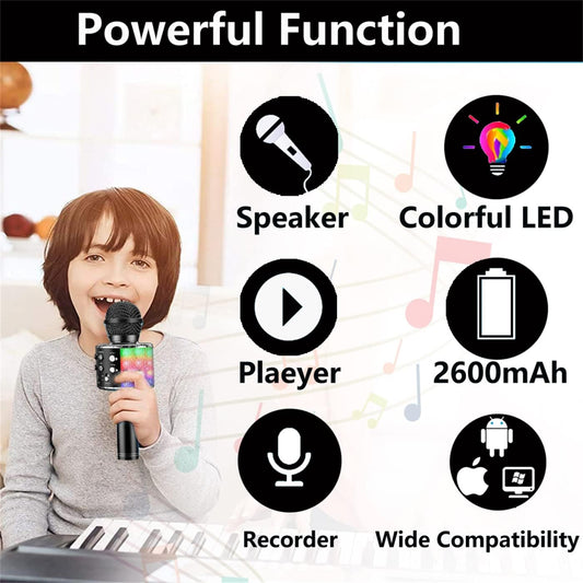 Wireless Bluetooth Karaoke Microphone with LED Lights – 4-in-1 Portable Handheld Singing Mic & Speaker, Voice Change, Rechargeable Battery, for Kids, Teens & Adults (Black)