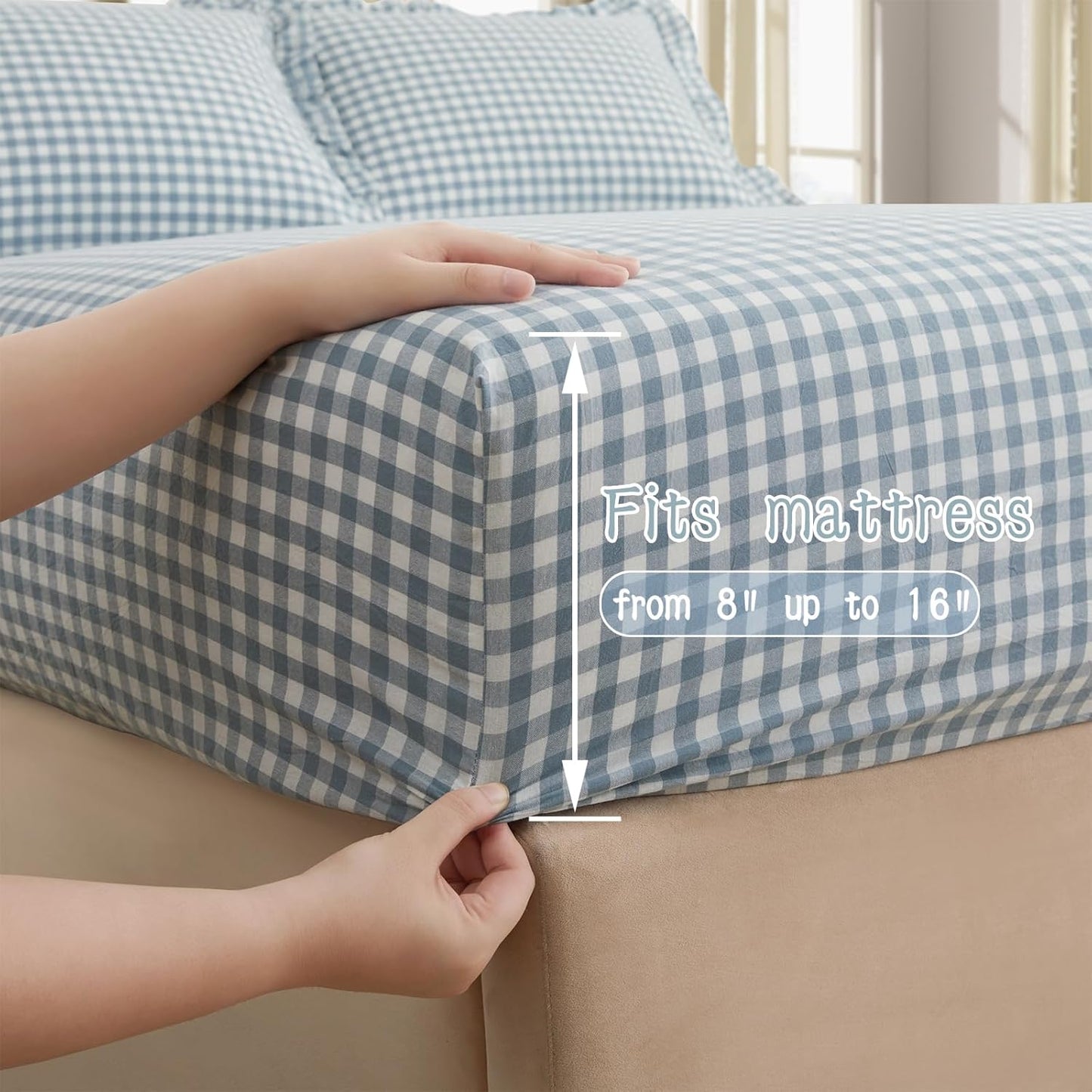 KKJIAF 3 Pieces Plaid Ruffle Twin Bed Sheets, Gingham Twin Sheet Set Comfy Breathable Ruffed Bed Sheet Set with 16 Inch Deep Pocket, Dusty Blue