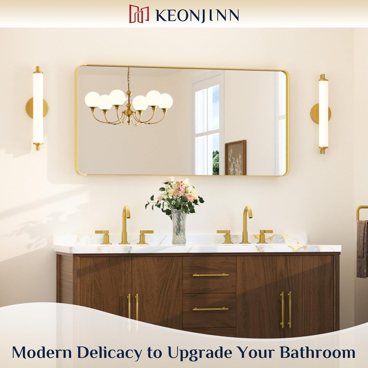 Keonjinn 42 x 36 Brushed Nickel Bathroom Vanity Mirror, Large Rounded Rectangle Bathroom Mirrors for over Sink, Metal Framed Silver Mirror for Wall, Shatterproof HD Tempered Glass(Horizontal/Vertical)