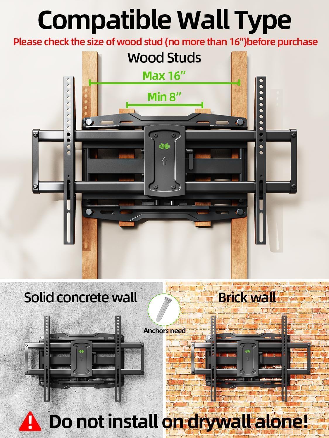 USX Mount UL Listed Full Motion TV Wall Mount for Most 37-86 inch TV, Swivel and Tilt Mount with Dual Articulating Arms Up to 132lbs, VESA 600x400mm, 16" Wood Studs, XML019