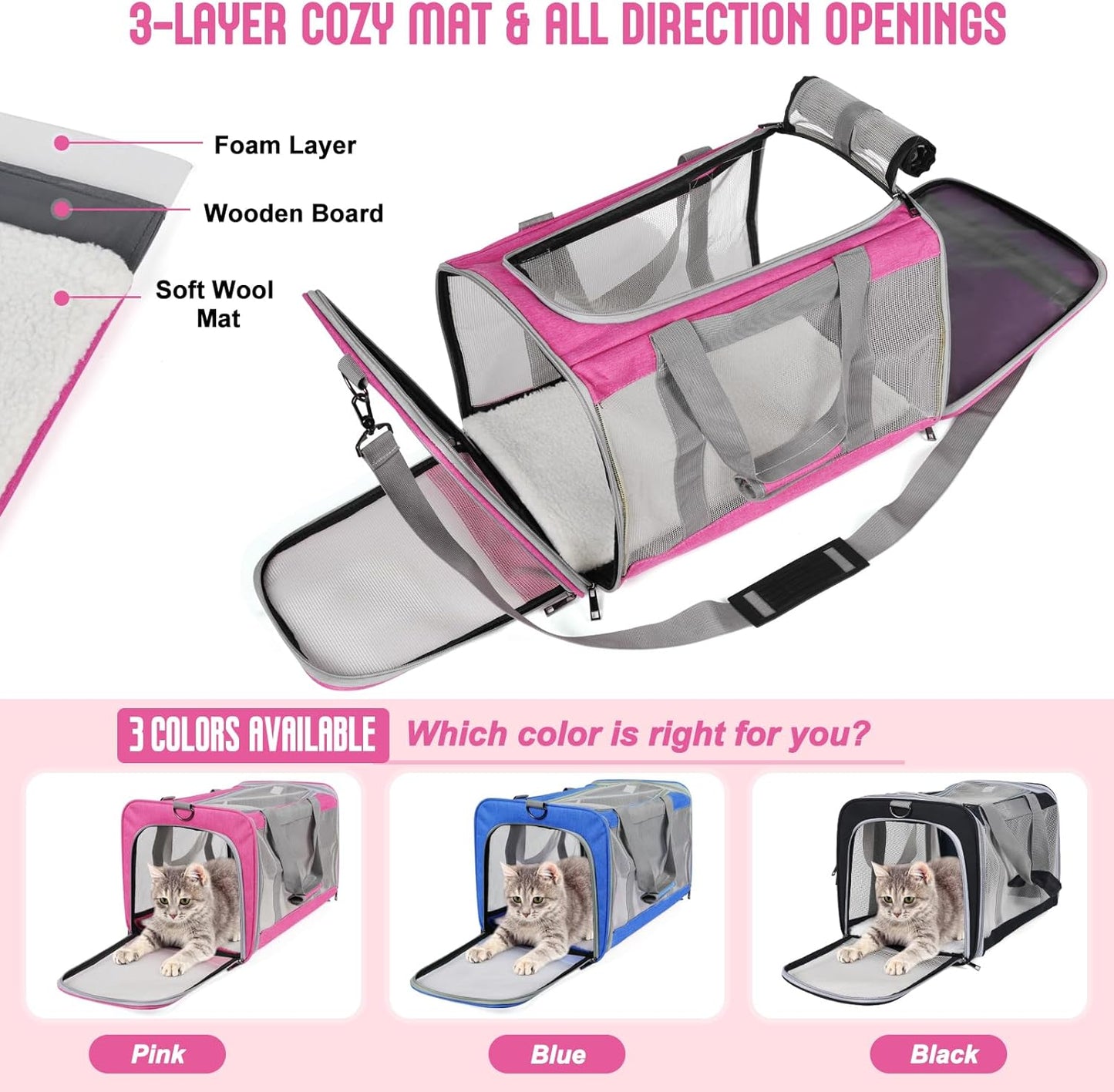 Pet Carrier for Large Cats of 20 Lbs, Collapsible Carrier Bag for Big Cat or 2 Kittens,Soft Sided Puppy Carrier with Sturdy Travel Transport Strap, Adequate Ventilation, 4 Mesh Windows (Blue)