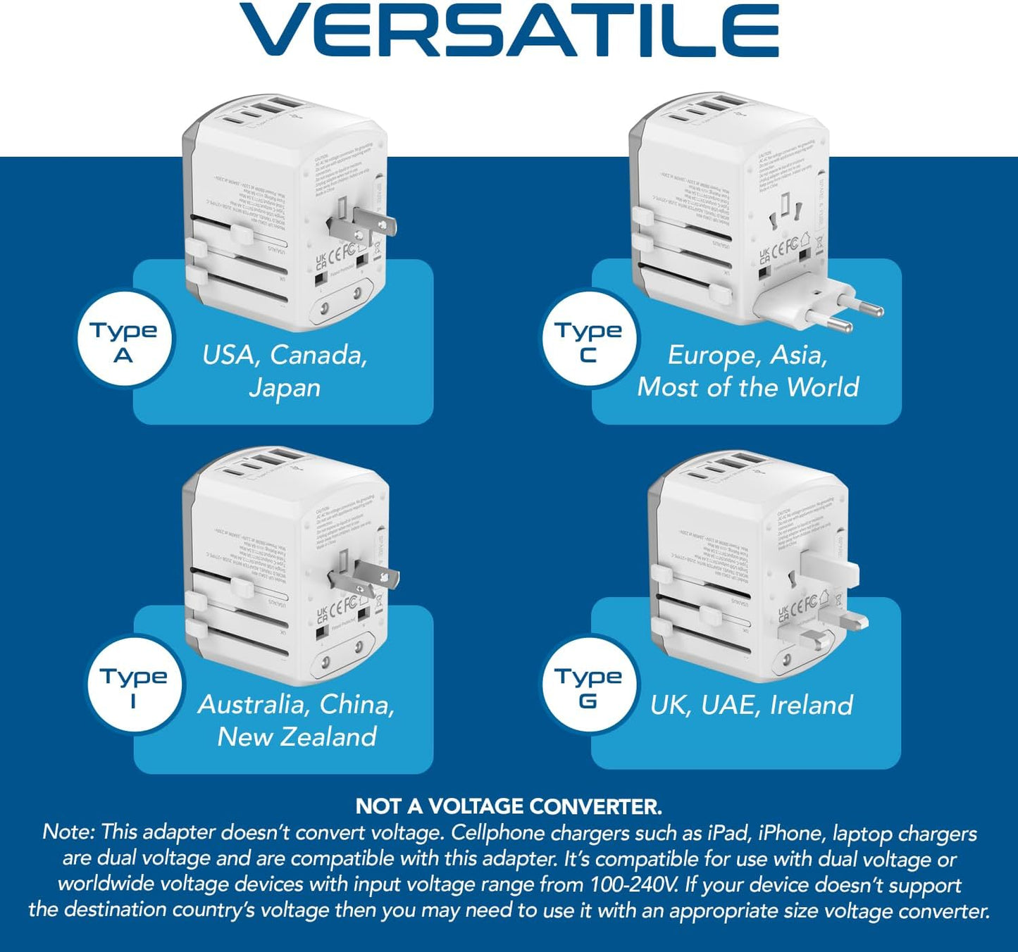 Ceptics Universal Travel Adapter kit, Dual USB (QC 3.0) + 2 US outlets + USB-C Cable, Use with Chargers, Cell Phones, Laptops, 6 Plug attachments for Worldwide use (Does Not Convert Voltage) (WPS-2B)