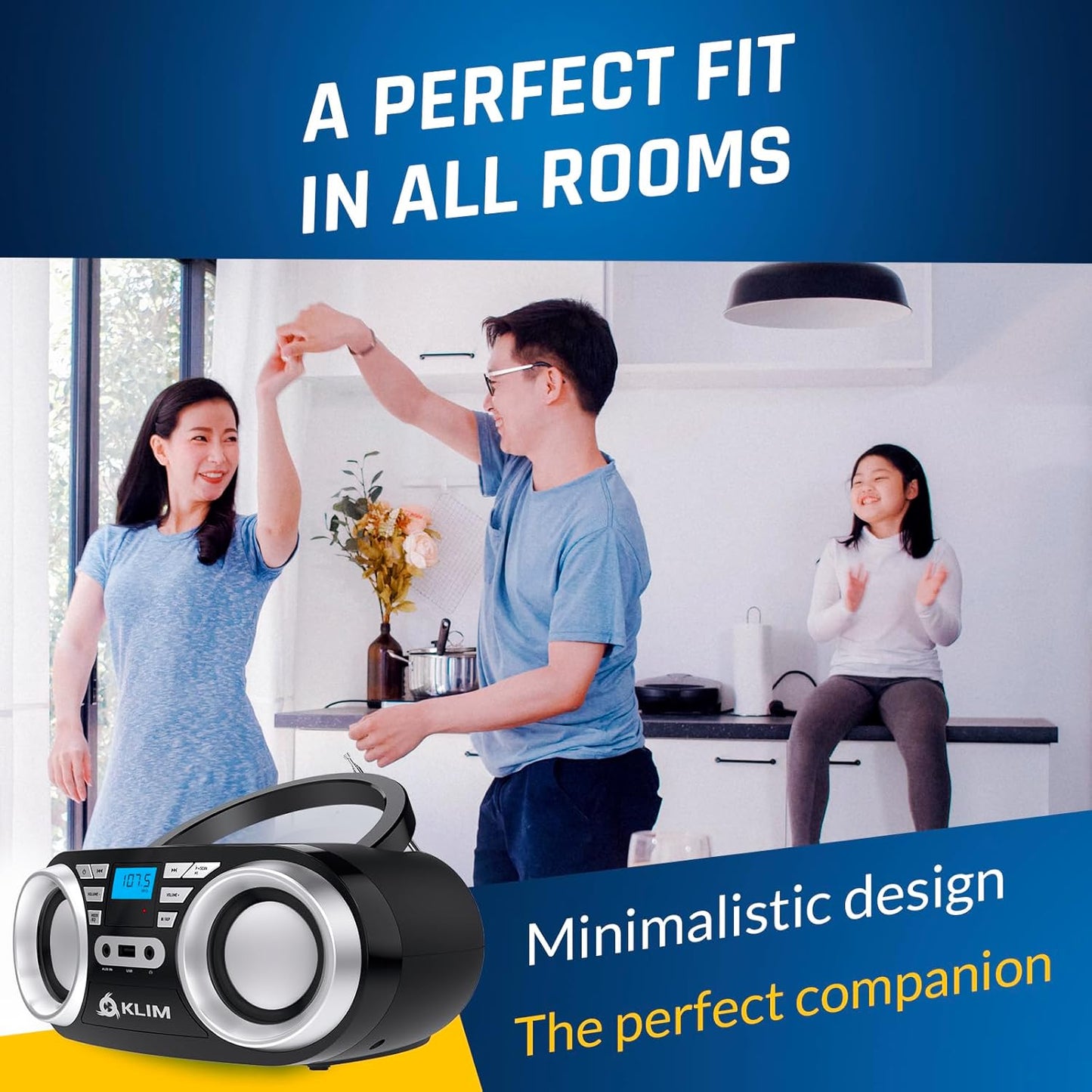 KLIM B3 Portable CD Player Boombox with FM Radio, Bluetooth, USB, AUX, and FM Radio Dual Speakers, EQ Sound Effects, 20 Preset Stations, Compact and Lightweight - Black No RGB