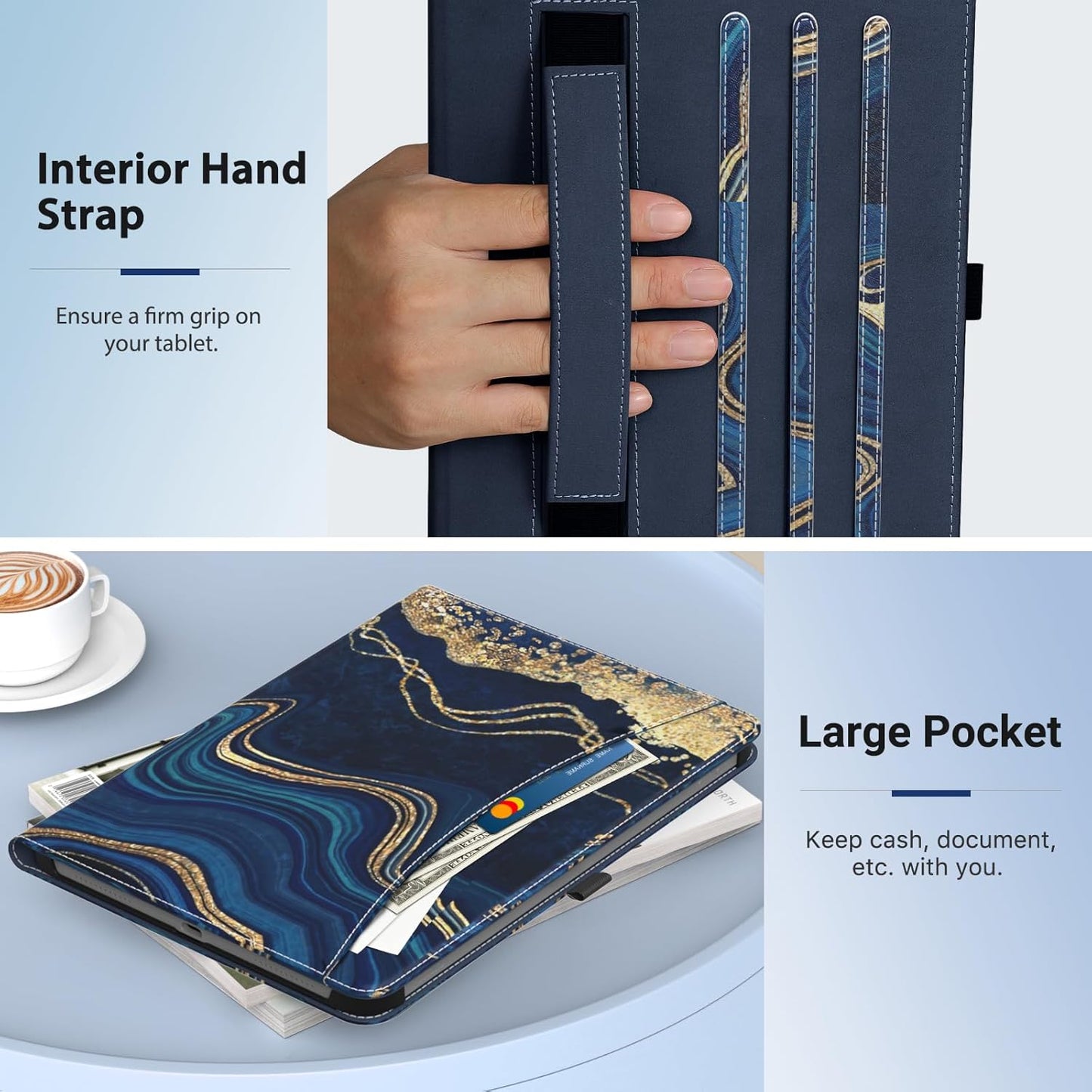 MoKo Case for Samsung Galaxy Tab A9 Plus 11" 2023 (SM-X210/SM-X216/SM-X218), PU Leather Multi-Angle Viewing Folding Stand Cover Case with Hand Strap, Front Pocket, Auto Wake/Sleep, Denim Blue & Brown