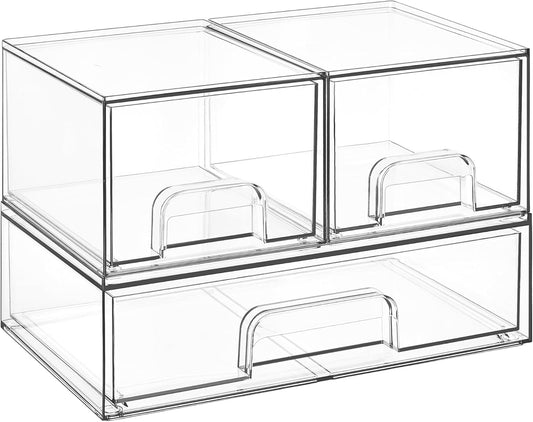 Vtopmart 3 Pack Stackable Clear Plastic Drawer Organizer, Makeup Organizers and Storage for Eyeshadow Palettes, Cosmetics, Beauty Supplies, Ideal for Vanity, Desk, Office, Bathroom Organization