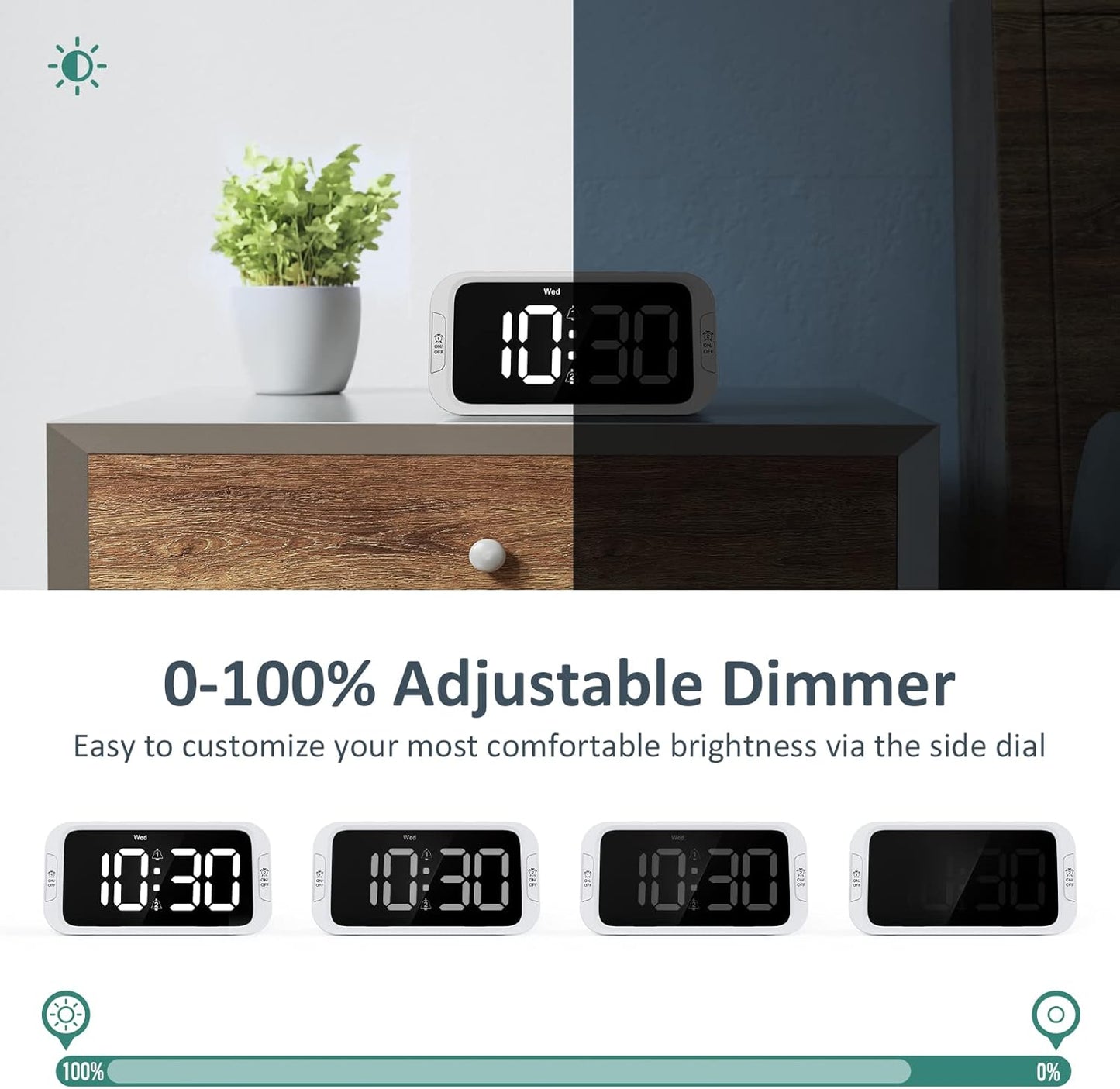 Odokee Digital Dual Alarm Clock for Bedroom, Easy to Set, 0-100% Dimmer, USB Charger, 5 Sounds Adjustable Volume, Weekday/Weekend Mode, Snooze, 12/24Hr, Battery Backup, Compact Clock for Bedside(Blue)