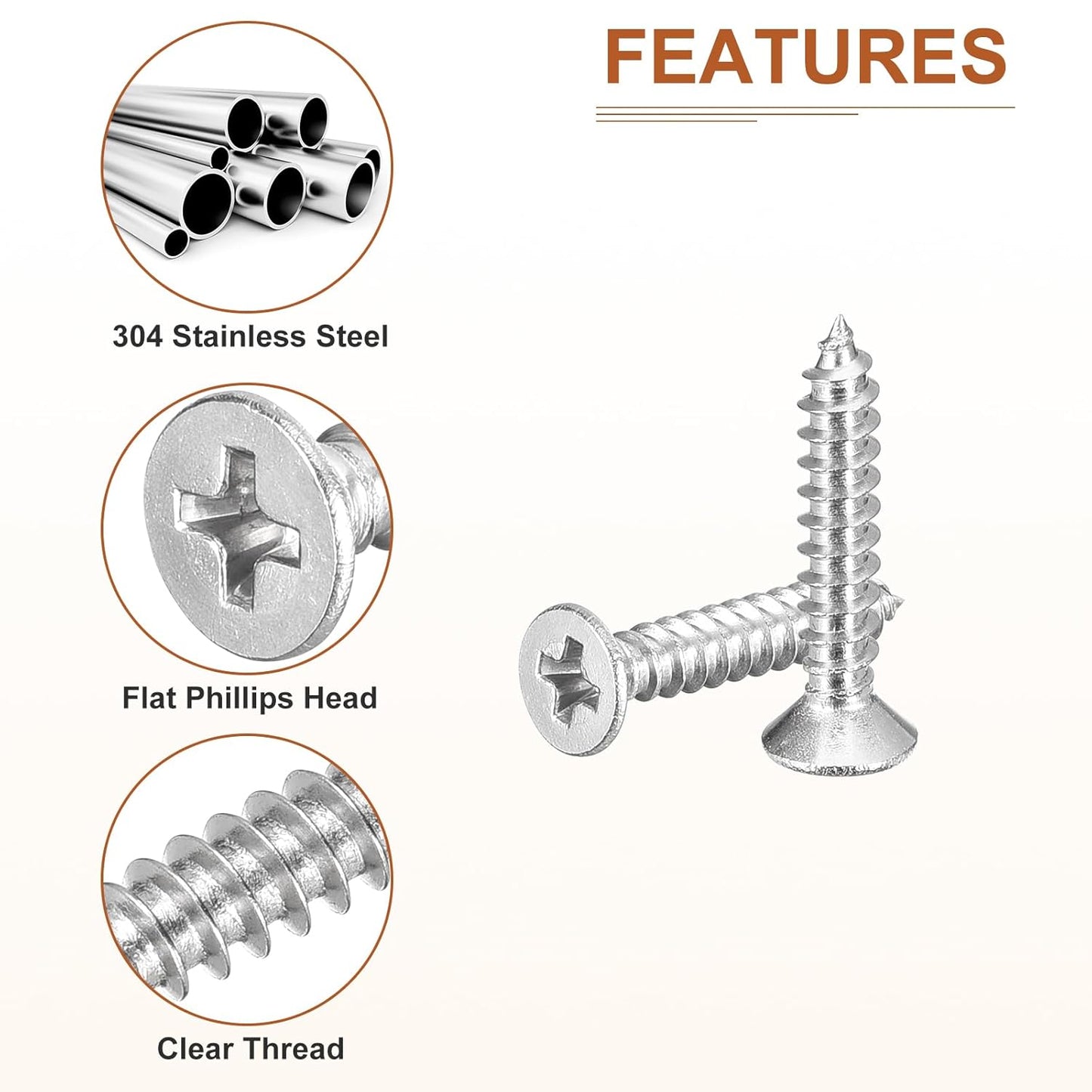 DTGN 100Pcs #6x1/2 Flat Head Wood Screws, 304 Stainless Steel Phillips Self Tapping Screws - Good for Woodworking, Furniture - Silver