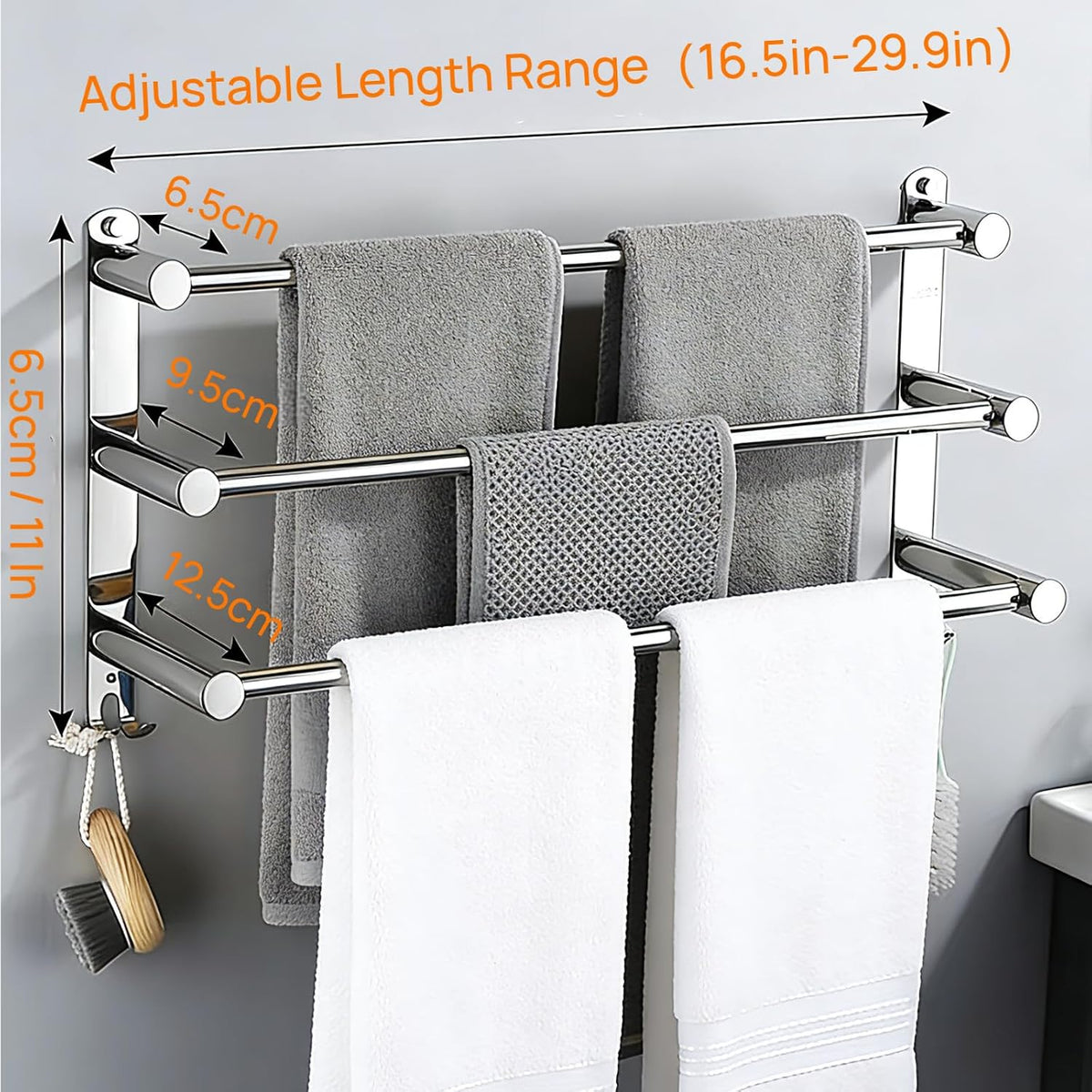 SUS304 Three Bar Adjustable Towel Rack, Expandable Range:16.5 in to 29.9 in, Bathroom Towel Holder with Double Hooks,Two Installation Methods:Drillinstallation and No-Drill Installation.(Silvery)
