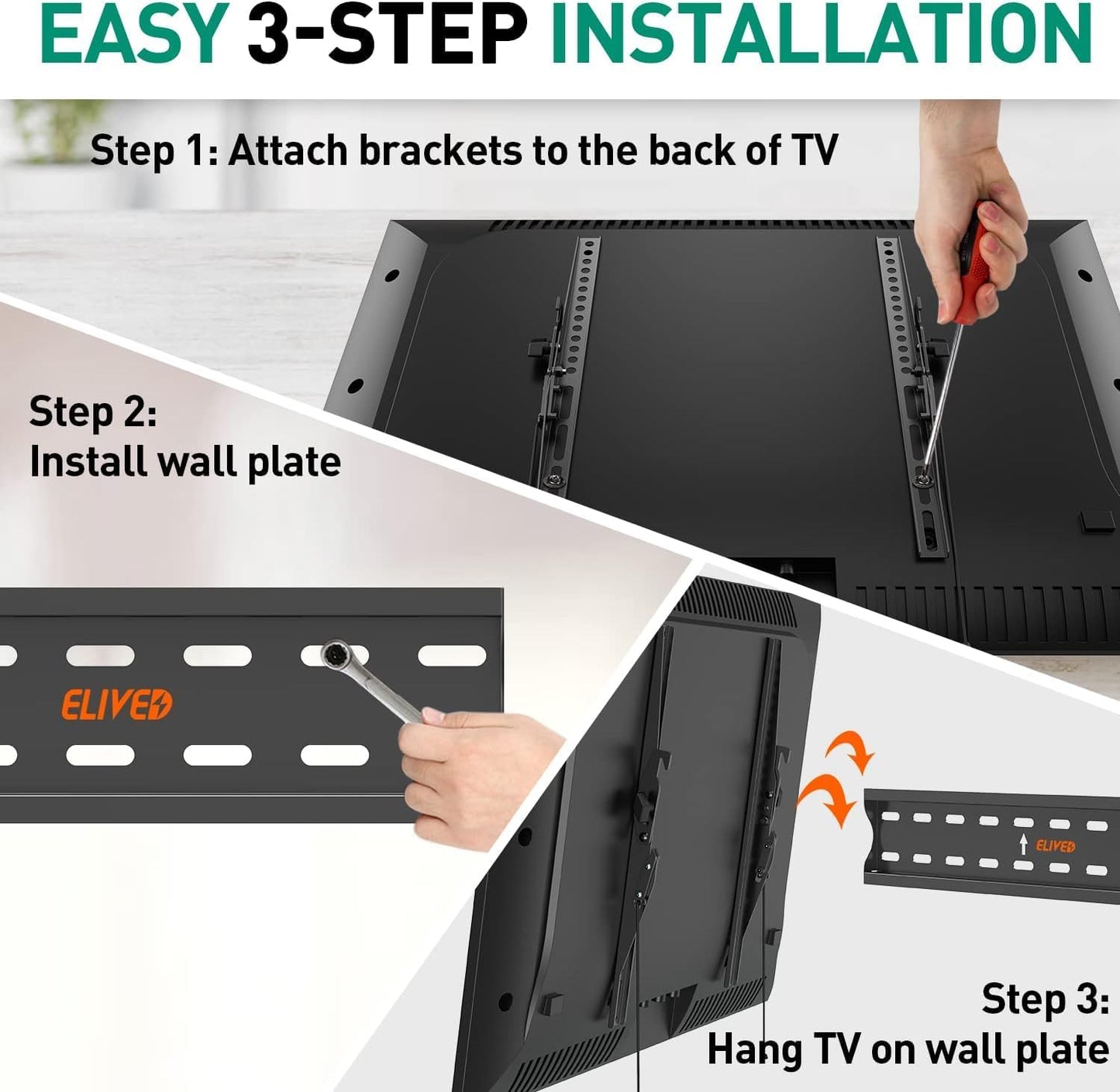 Tilting TV Wall Mount Bracket, Universal TV Mount Low Profile for 26-55 Inch Flat Screen TVs, Ultra Slim, Easy to Install with Tilting Knob, Fits 12''/16'' Studs, Max VESA 400x400mm, 99 lbs. ELIVED