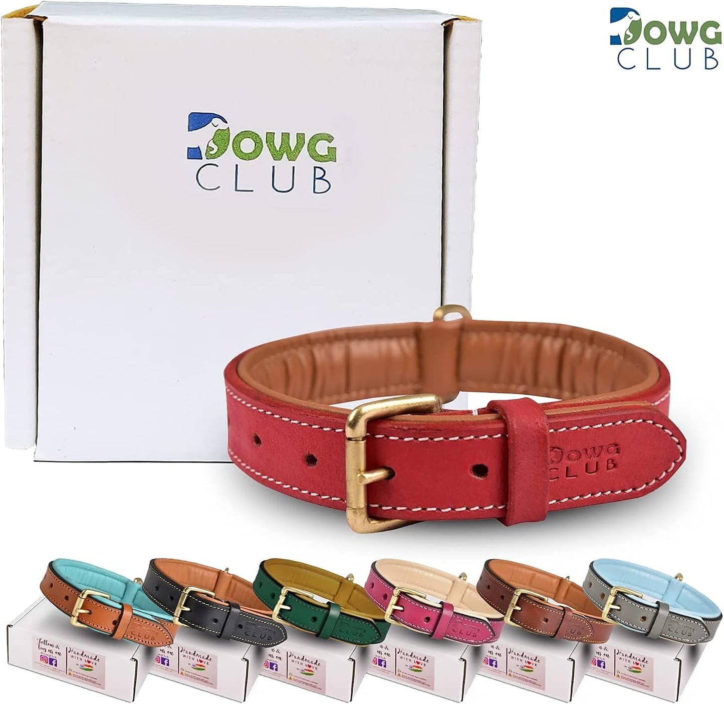 DowgClub | Genuine Leather Dog Collar | Full Grain, Heavy Duty | Comfortable, Strong | Best for Pups, Small, Medium & Large Breeds | Pink, Brown, Black, Tan