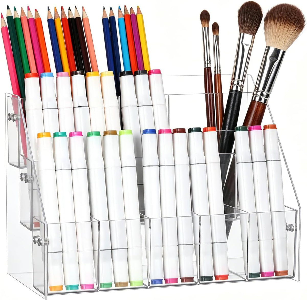 Luxshiny Acrylic Pen Holder Pencil Organizer with 3-tier Right Angle Design, Marker Storage Rack for Desk Stationery Display, Plastic Pen Container Suitable for Office and School Supplies