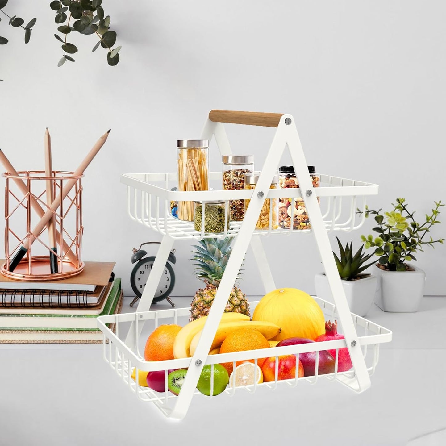 2 Tier Countertop Fruit Basket,Portable Fruit Bowle Basket for Kitchen Organizer Storage & Dining Room Fruits Vegetable Bread Snacks,MAHUEEOL Detachable Metal Rectangle Basket Storage