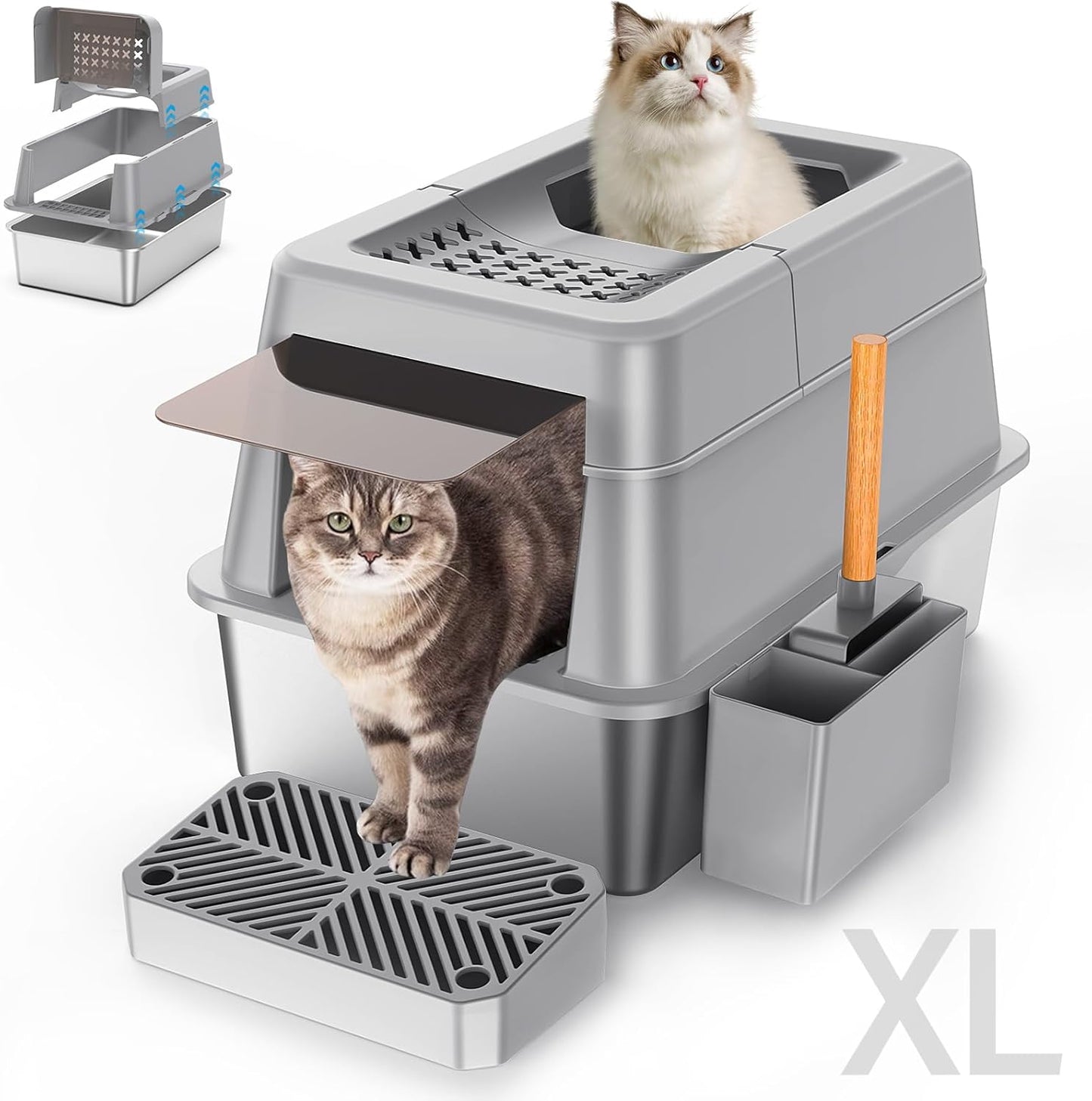 Stainless Steel Litter Box with Lid, XL Extra Large Enclosed Cat Litter Box for Big Cats 110° Flip Cover, Top Entry Metal High Sided Litter Box & Pedal & Scoop, Anti-Leakage (Grey)