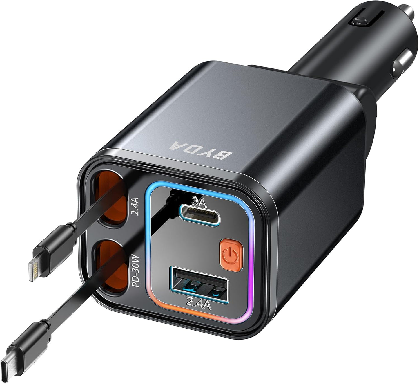 4 in 1 Retractable Car Charger,69W Fast Charging USB C for iPhone 16/15/14/13/12,iPad,Android,Galaxy,Pixel,Cigarette Lighter Adapter (Light-ning+USB-C)