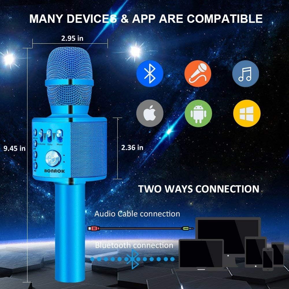 BONAOK Wireless Bluetooth Karaoke Microphone,3-in-1 Portable Instrument Wireless Microphone Mic Speaker Machine Home Party Birthday for All Smartphones(Black)