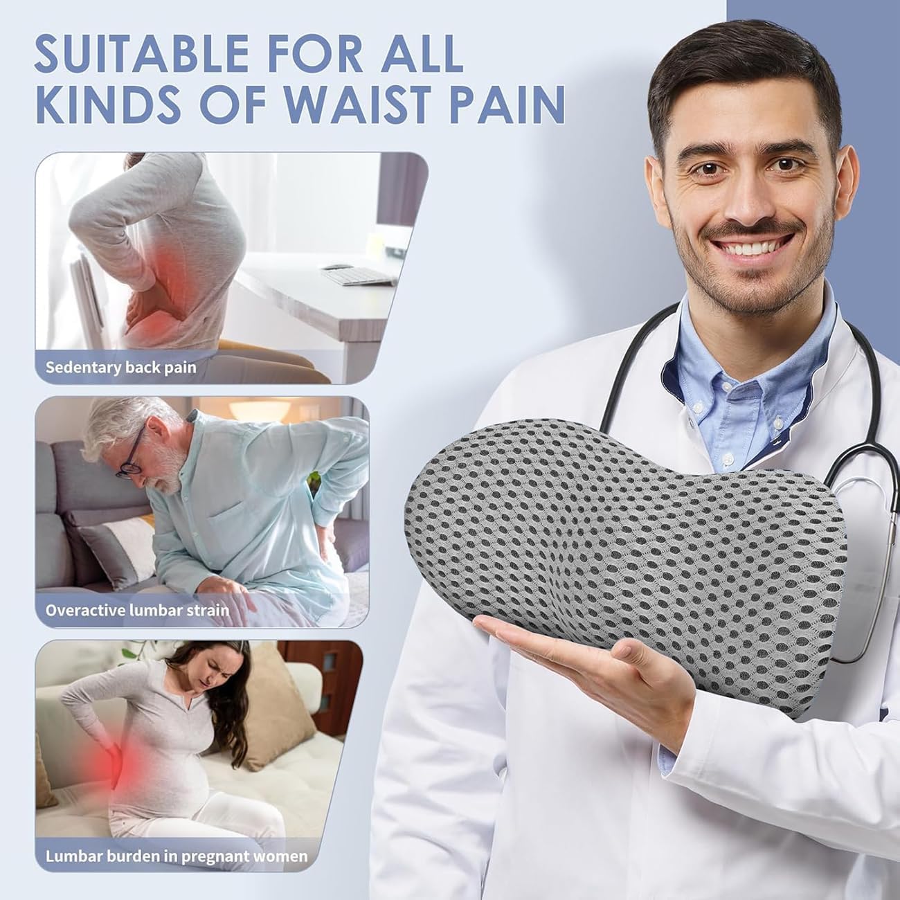 Lumbar Support Pillow for Lower Back Pain Relief – Ergonomic Streamline Memory Foam Cushion for Office Chair, Car Seat, Bed, and Sleeping – Ideal for Drivers and Office Workers (Black)