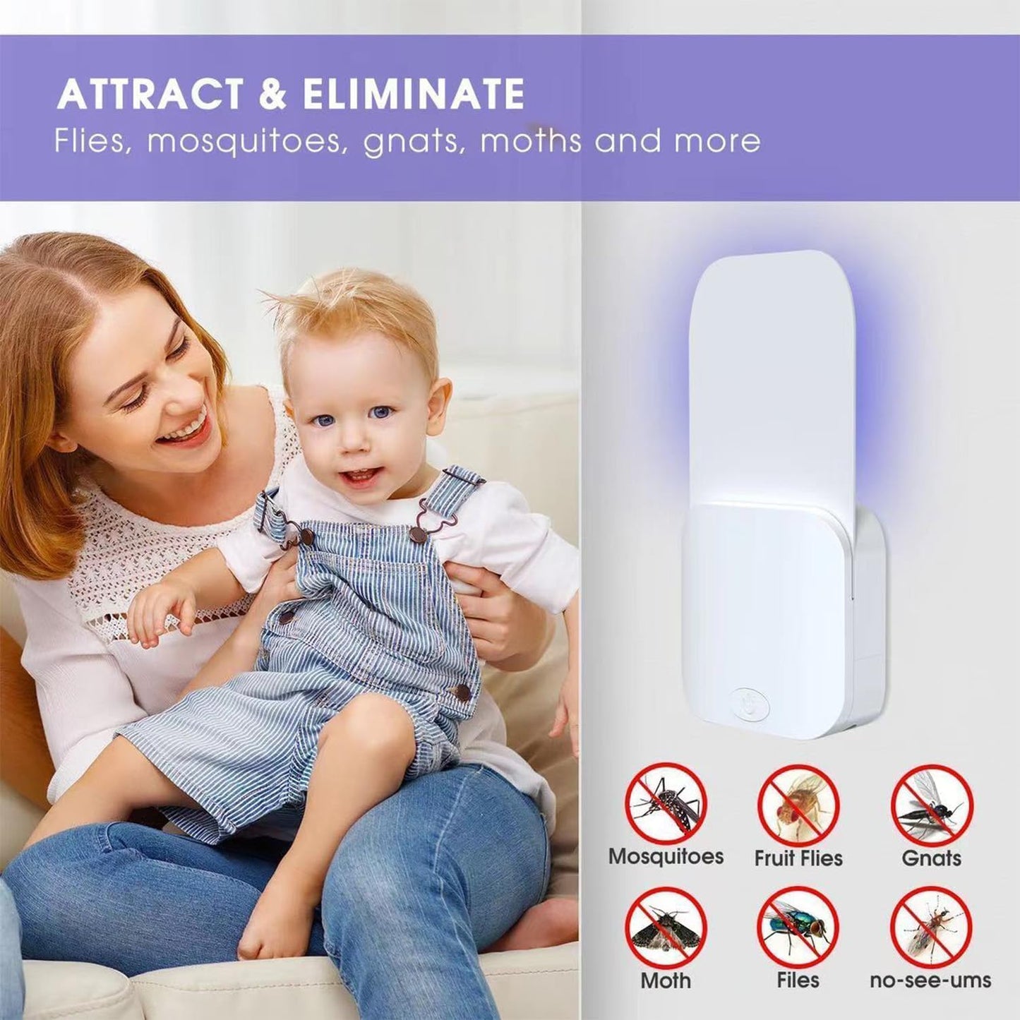 Fly Trap Indoor 【1 Device + 5 Glue Cards】, Plug-in Flying Insect Trap for Mosquito, Flies, Fruit Flies, Moths, Gnats, Flying Insect Trap, with UV Bug Catcher & Sensor Night Light. (1, White)