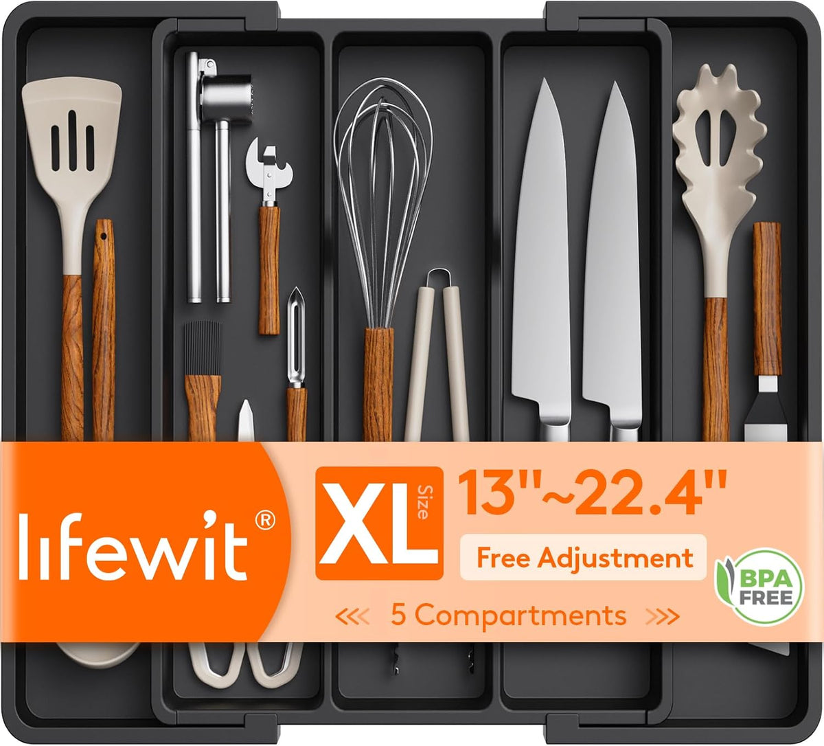Extra Large Expandable Kitchen Drawer Organizer, 5-Compartment Cooking Utensil and Cutlery Tray, Adjustable Plastic Storage for Spatulas, Tools, and Gadgets - PuriLite