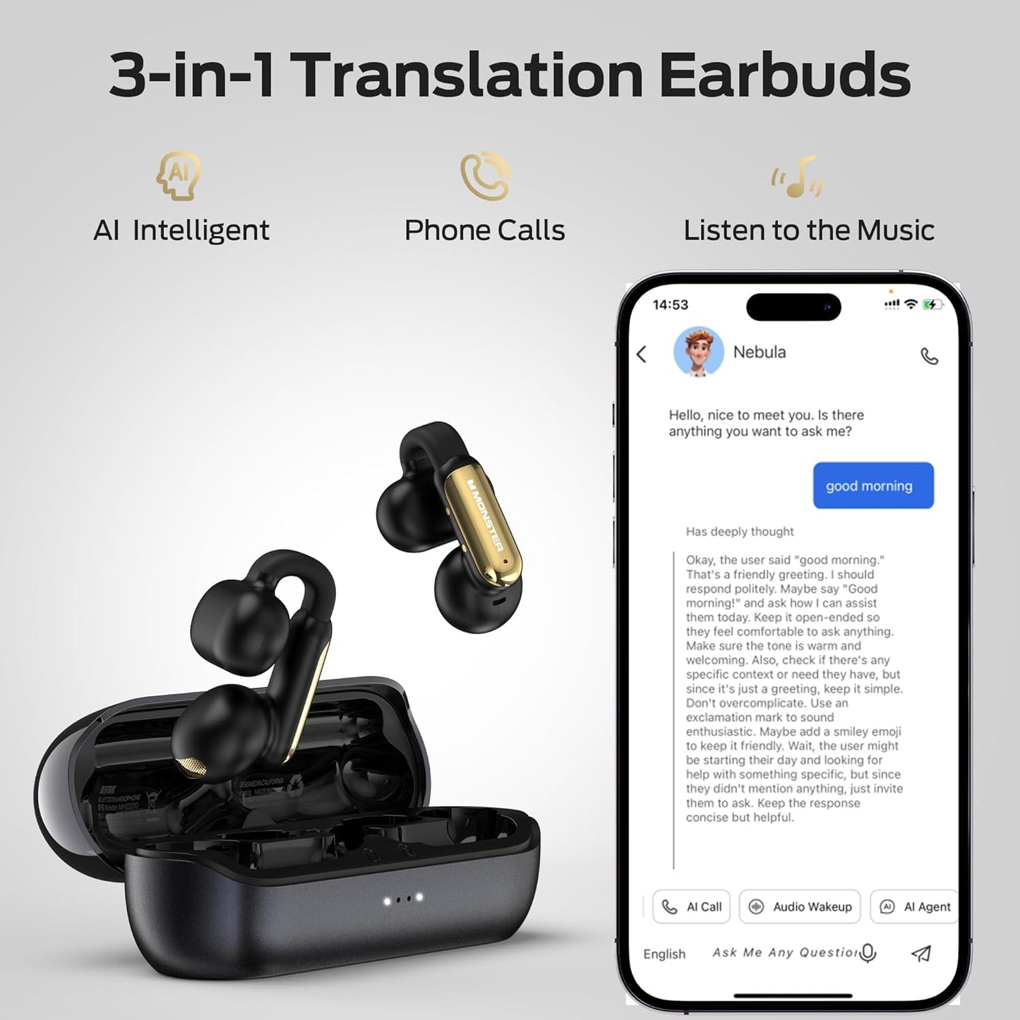 Monster AI Translation Earbuds Open AC601, 3-in-1 Translator Wireless Earbuds, Bluetooth 6.0 Open Earbuds with 115 Languages Translation, Real-Time AI & Touch Control Wireless Headphone