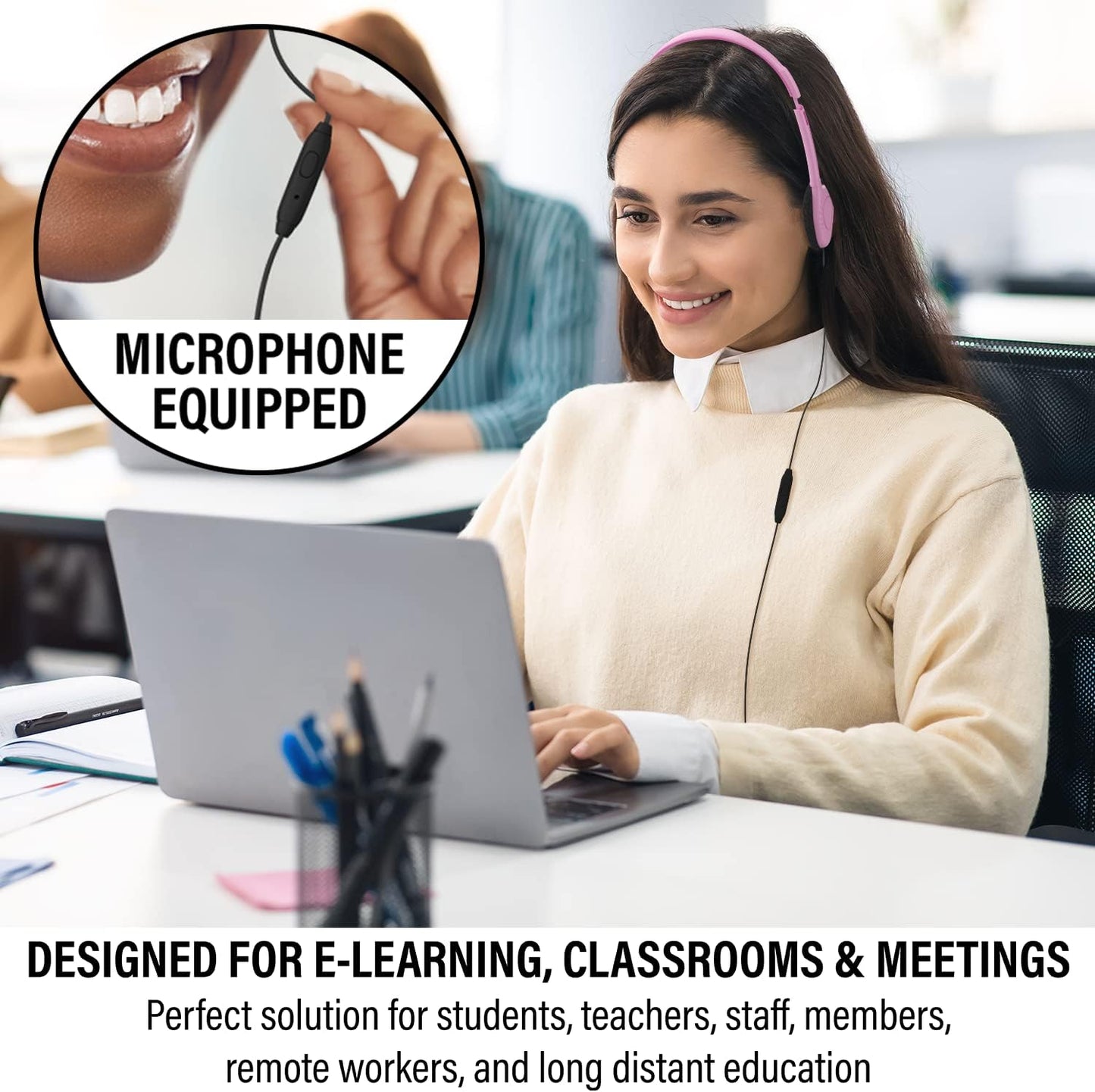Maeline Bulk On Ear Student Headphones with Microphone for Library, School, Classroom, Airplane, Kids Online Learning and Travel, 3.5 mm Headphone Plug - 1000 Pack - Multi Color