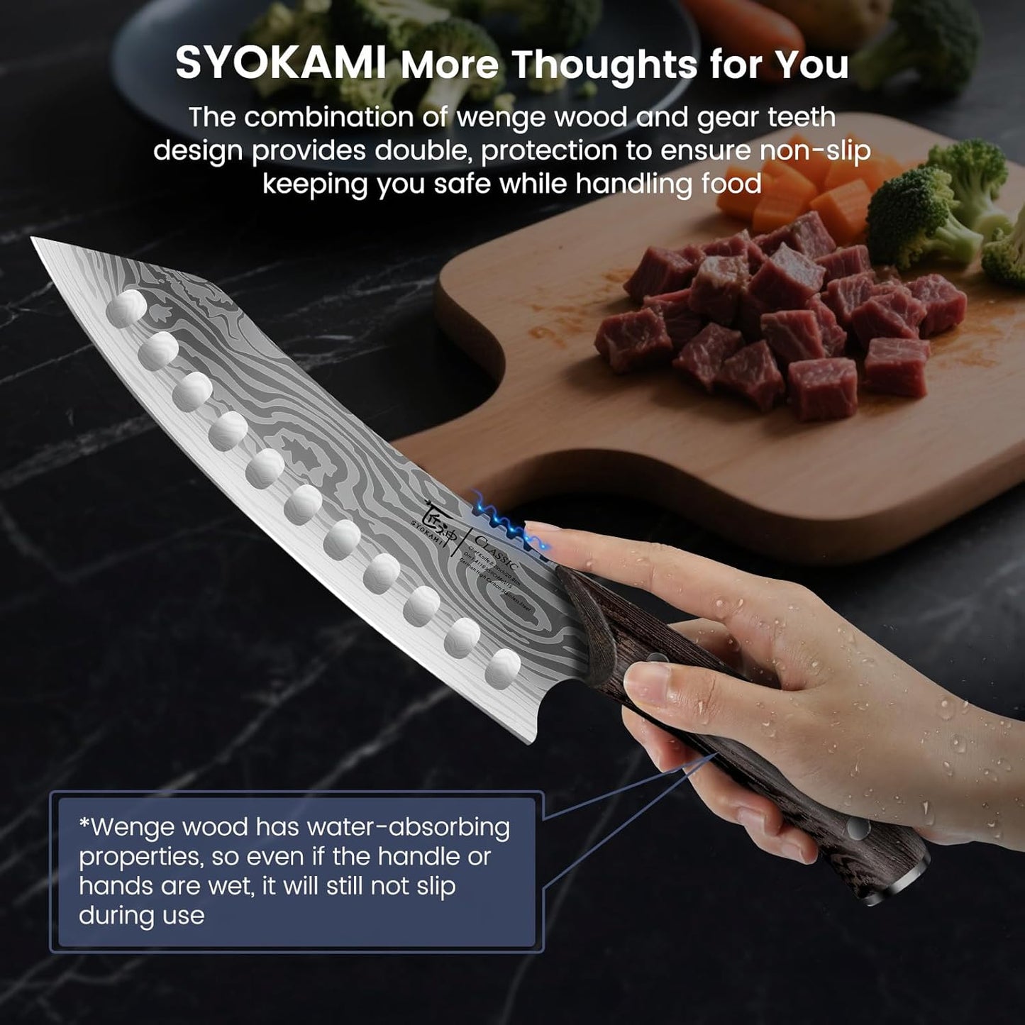 SYOKAMI Meat Cleaver Chef Knife, 7.7 Inch Multifunction Butcher Knife with Herb Stripper and Sheath, Chinese Cleaver Heavy Duty Bone Chopper, Meat Cutting, Damascus Pattern Full Tang Wood Handle