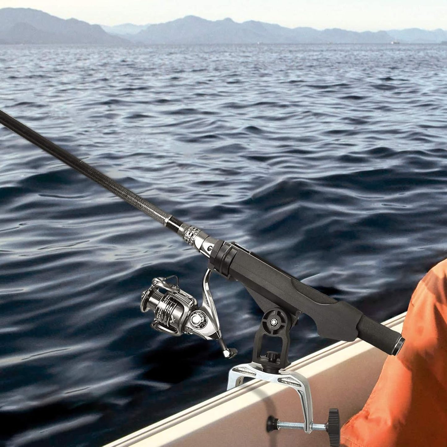 ROUDJER Fishing Rod Holders for Boats, 2 PCS 360 Degree Adjustable Rod Racks with Large Clamp Opening, Universal Fishing Accessories for Kayak Canoe, Easy Installation, Fishing Gifts for Men (Black)