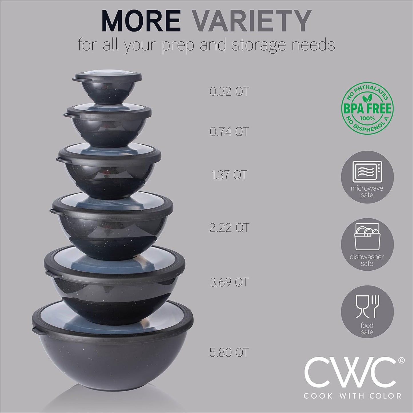 COOK WITH COLOR Mixing Bowls with TPR Lids - 12 Piece Plastic Nesting Bowls Set Includes 6 Prep Bowls and 6 Lids, Microwave Safe Mixing Bowl Set (Mint)