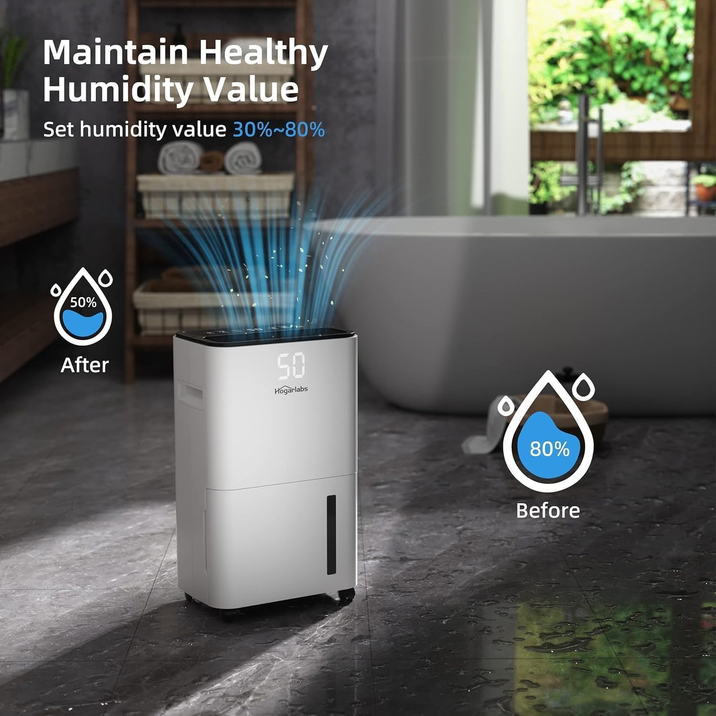 HOGARLABS 32 Pints Home Dehumidifier for Basement Continuous Dehumidify, Intelligent Humidity Control,Smart Dehumidifier with Drain Hose for Liveroom, Bedroom & Bathroom.