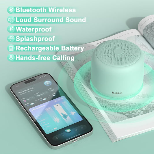 Bobtot Portable Bluetooth Speakers with Strap Easy to Carry, Wireless IPX5 Waterproof Mini Speaker with Loud Stereo Sound, 20 Hours Playtime, Rechargeable Battery, Built-in Microphone (Green)