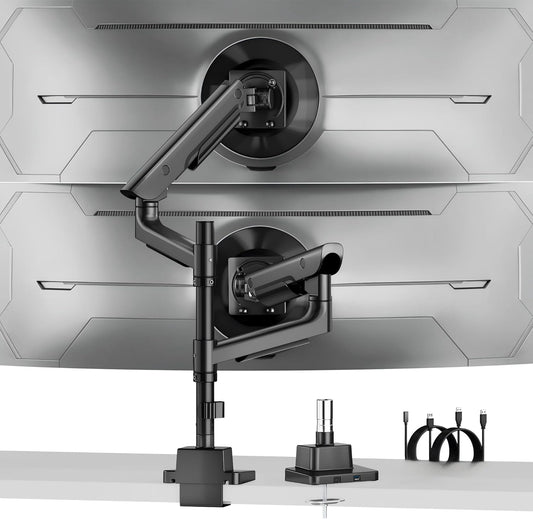 monTEK Premium Aluminum Monitor Arm for 17–57” Ultrawide Screens up to 59 lbs, USB 3.0 Dual Desk Mount with Adjustable Gas Spring, Quick-Release Plate, 10-Min Assembly, Clamp/Grommet, Max VESA 100x100