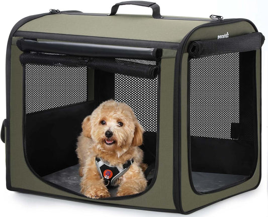 Pecute Collapsible Dog Crate for Pets<15kg, Pet Carrier Stable and Light Weight, Soft Dog Crate with Breathable Windows, Portable Dog Carrier with Curtain 61×45×52 cm (Green)
