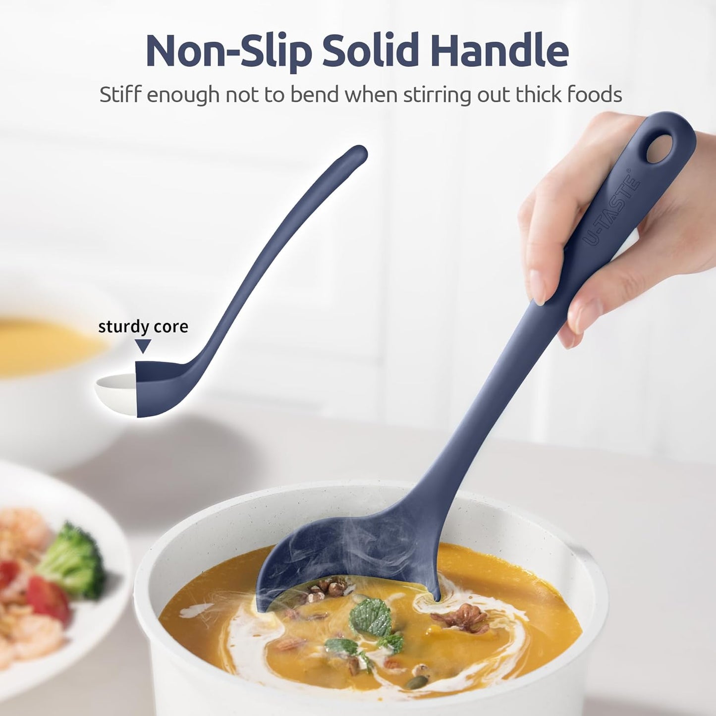 13 inch Silicone Soup Ladle: U-Taste 600ºF Heat Resistant 4 oz Large Non-Stick Seamless Rubber Kitchen Deep Serving Spoon with Non-Slip Solid Long Handle for Cooking Sauce/Stews/Gravies/Chili(Purple)