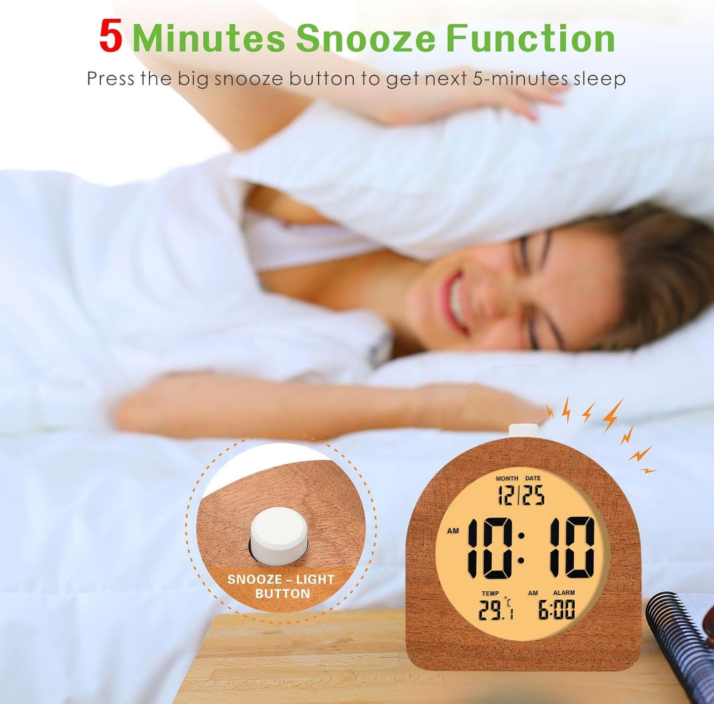 Plumeet Wooden Digital Alarm Clock for Bedrooms, Wood 4'' Battery Powered Alarm Clock with Snooze and Nightlight, Electronic LCD Desk Clock Display Time, Date, Temp, 12/24H, Wood Décor (Sapele, 3.2'')