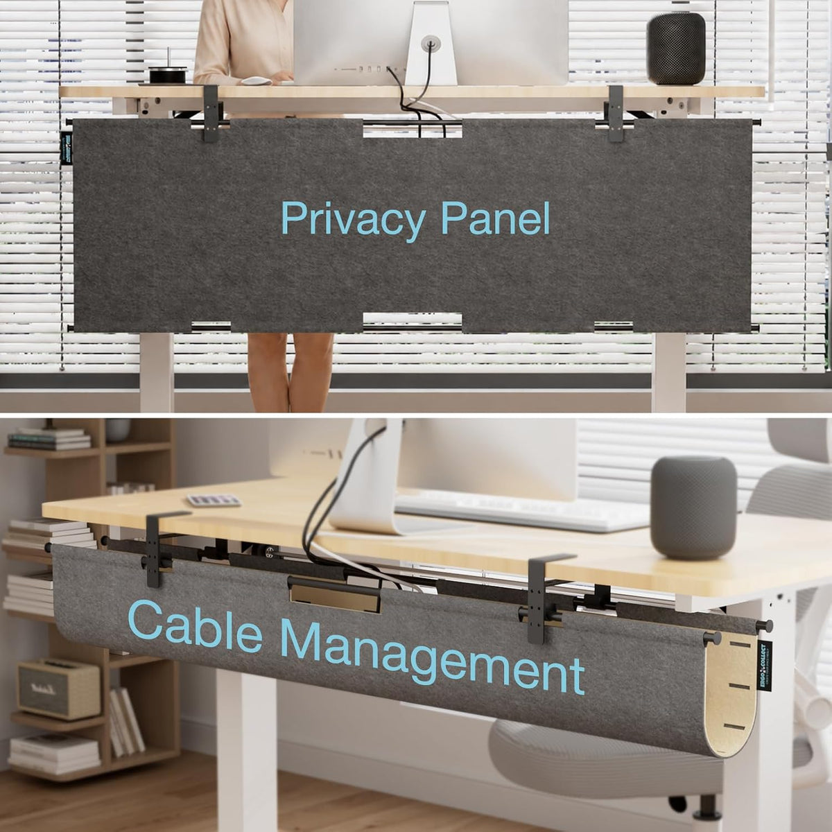 No Drill Under Desk Cable Management Tray, 45.2" Large Felt Cord Organizer with Pegboard-Style Design, Power Strip Holder, Privacy Panel for Standing Desk & Home Office, Clamp/Screw Mount(Gray/Khaki)