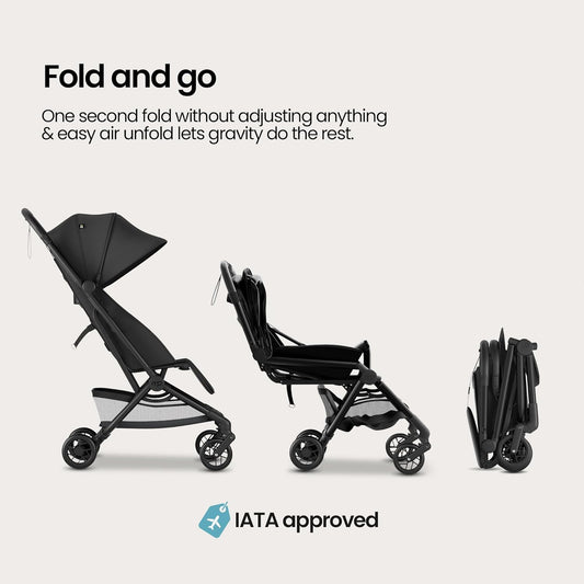 Mompush Velo Lightweight Travel Stroller – One-Hand Fold, Ultra-Compact & Airplane Friendly, Lie-Flat Recline Seat (from Birth to 50 lbs), Includes Cup Holder, Shoulder Strap, and Leather Bumper Bar