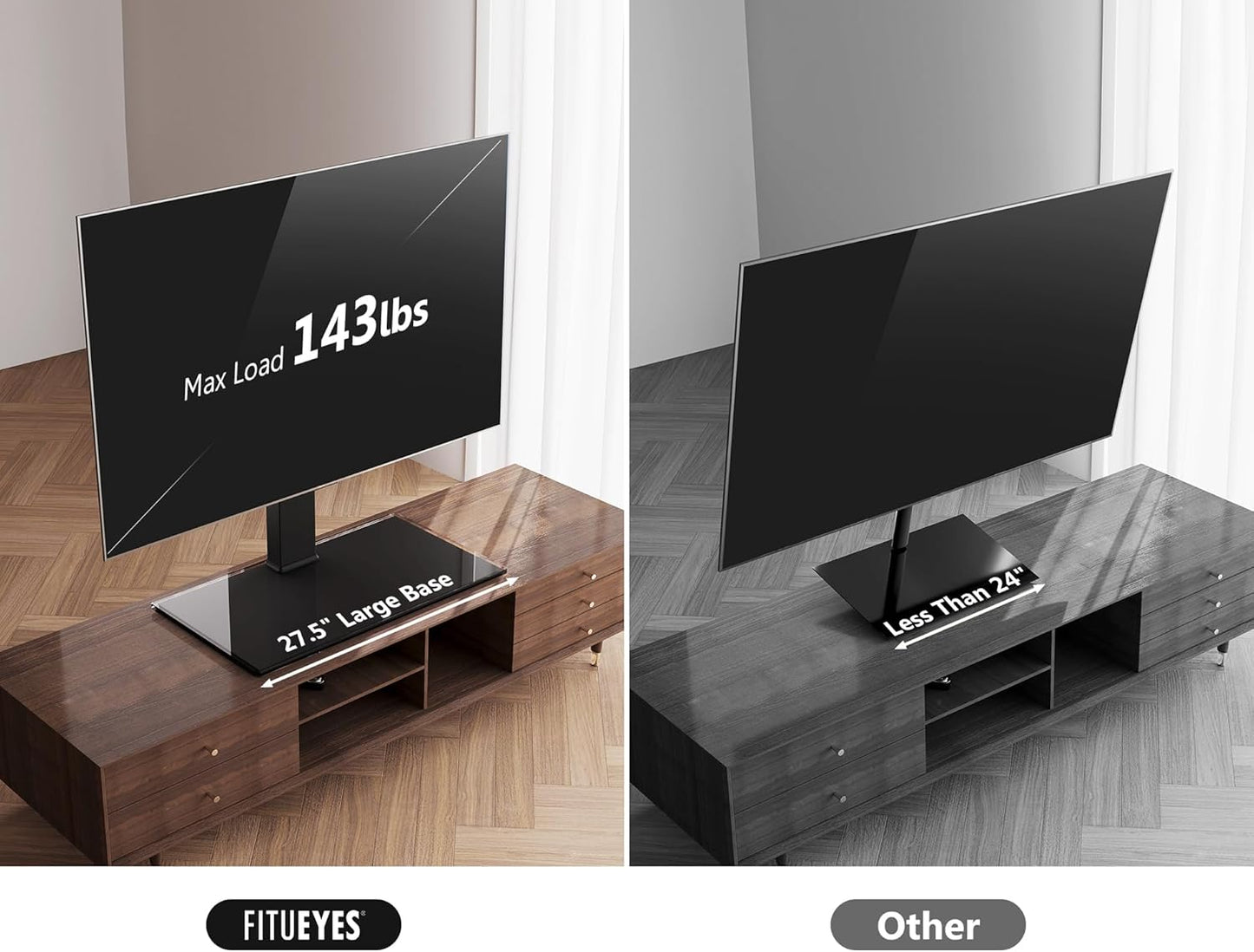 FITUEYES Universal TV Stand for 50-85 inch TVs | 44 Inch Tall Table Top TV Stand with 80° Swivel | Holds up to 143lbs | Max VESA 800x600mm | for Living Room