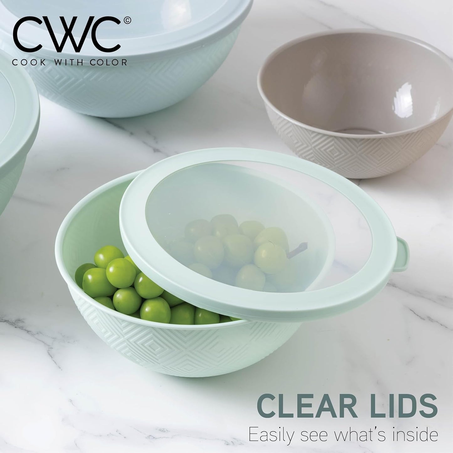 COOK WITH COLOR Mixing Bowls with TPR Lids - 12 Piece Plastic Nesting Bowls Set Includes 6 Prep Bowls and 6 Lids, Microwave Safe Mixing Bowl Set (Green)