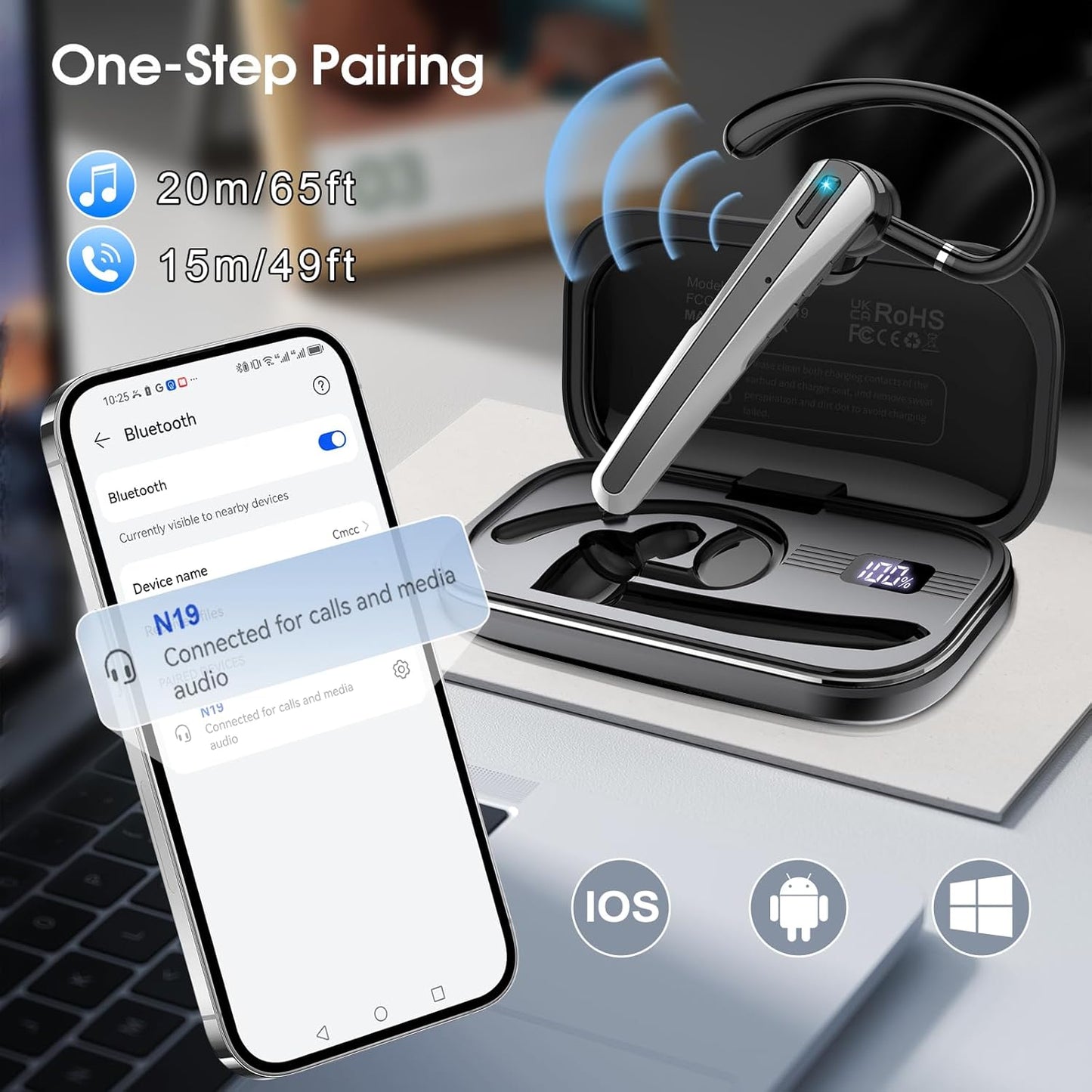 Atheewon Bluetooth Headset V5.3, Bluetooth Earpiece with ENC Noise Canceling Mic, 120Hrs Talk Wireless Headset with LED Display, IP7 Waterproof for Trucker