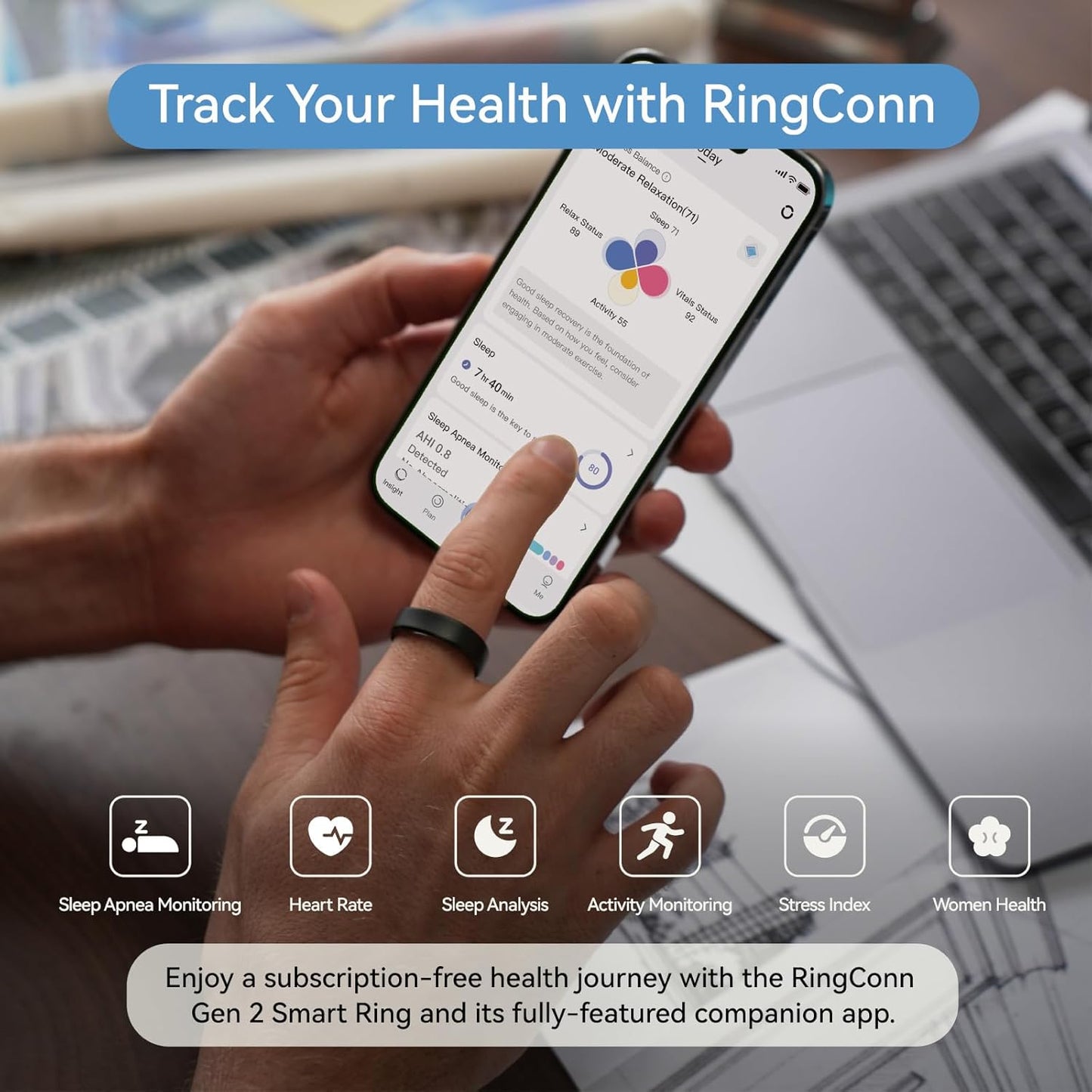 RingConn Gen 2 Smart Ring, No App Subscription, Size First with Sizing Kit, 12-Day Battery Life, Stress/Women's Health Tracker, Compatible with Android & iOS (Black, Size 8)