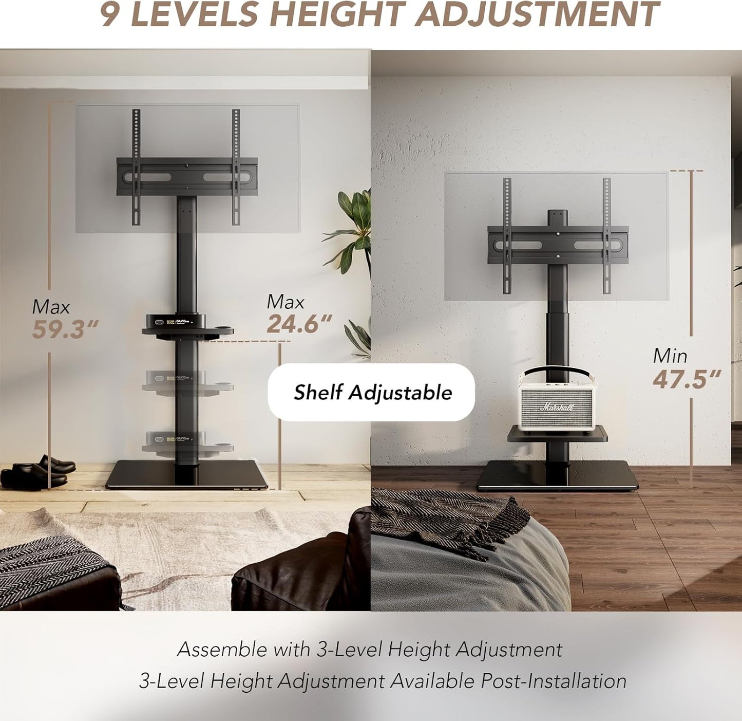 Universal Floor TV Stand with Mount 80 Degree Swivel Height Adjustable and Space Saving Design for Most 27 to 65 inch LCD, LED OLED TVs, Perfect for Corner & Bedroom AX1006TB