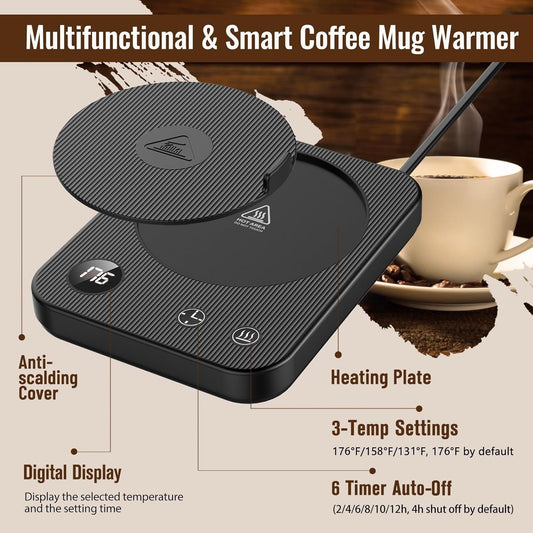 Mug Warmer, Coffee Mug Warmer with 3-Temp Settings, Auto Shut-Off Coffee Warmer, Anti-Scalding Waterproof Mug Warmer for Desk, Black Cup Warmer Display Status, Coffee Warmer for Desk for Coffee Milk - PuriLite