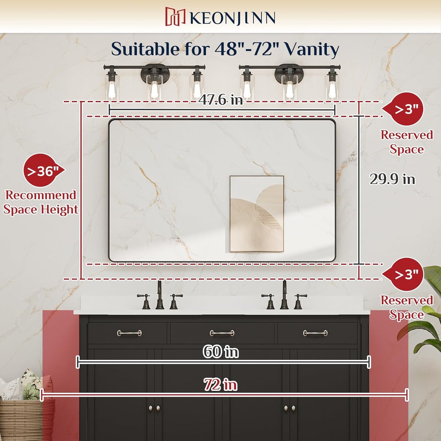 Keonjinn 42 x 36 Brushed Nickel Bathroom Vanity Mirror, Large Rounded Rectangle Bathroom Mirrors for over Sink, Metal Framed Silver Mirror for Wall, Shatterproof HD Tempered Glass(Horizontal/Vertical)